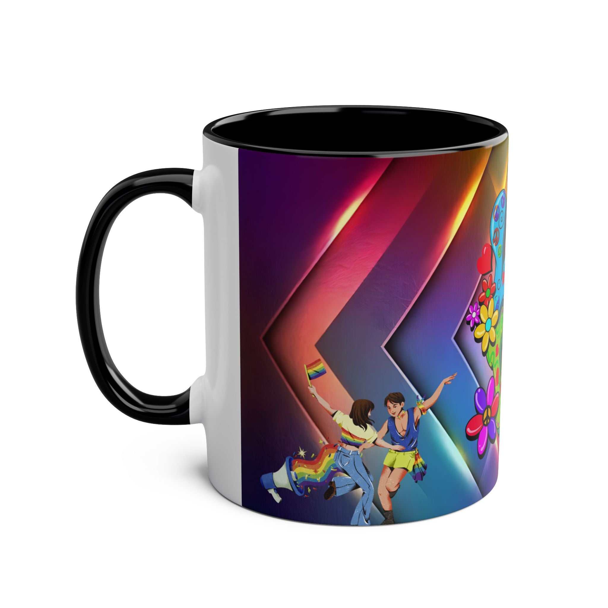 LGBTQ+ Pride Mug with vibrant rainbow design, ceramic, 11oz, glossy finish.