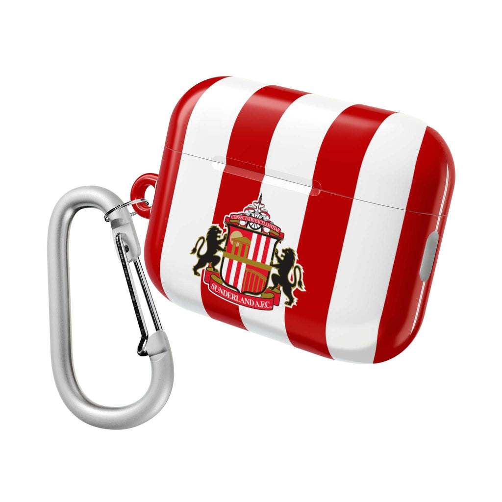 Sunderland FC AirPods case with red and white stripes and club crest, durable shock-resistant protective shell with keychain clip