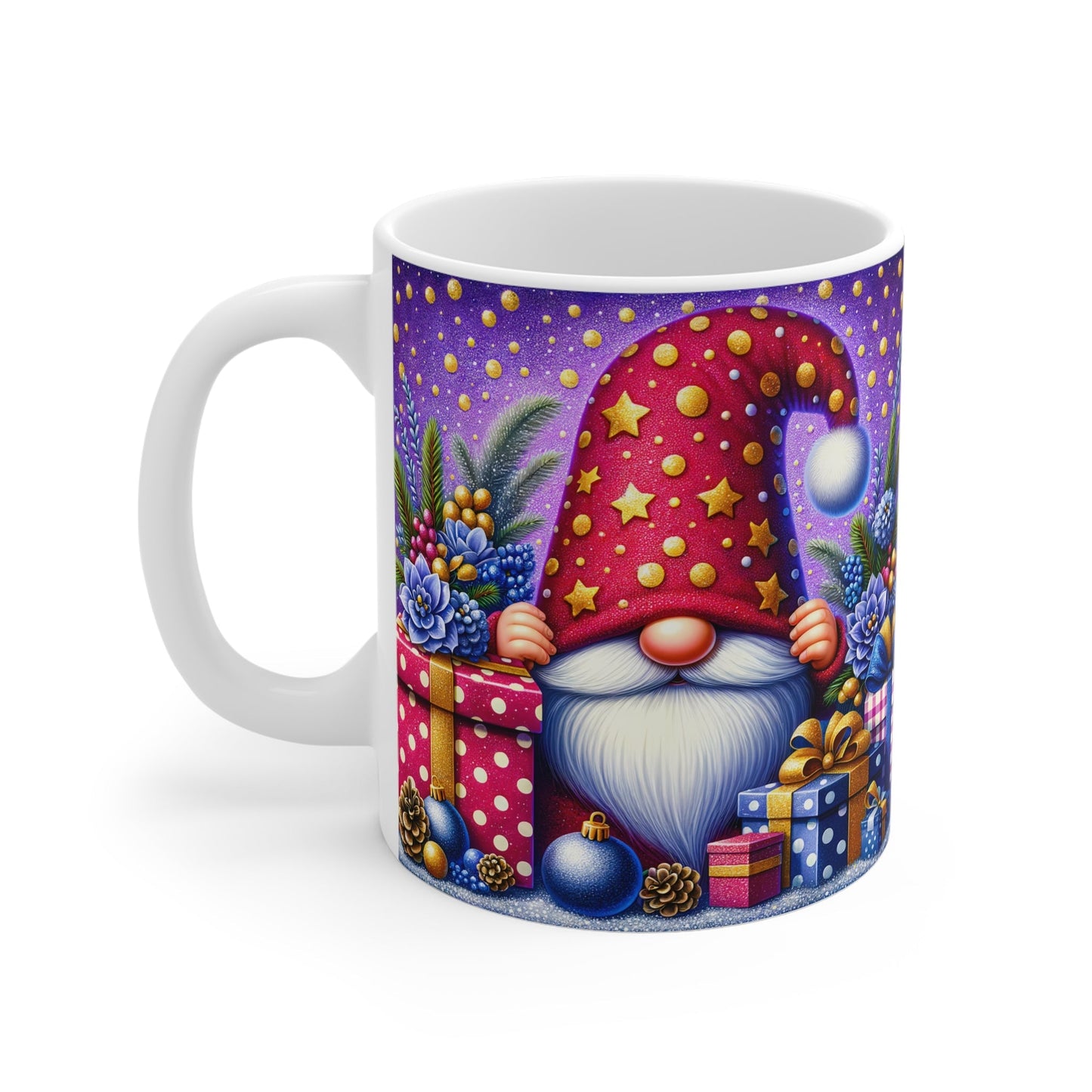 Christmas gnome mug with festive design, perfect for hot chocolate.