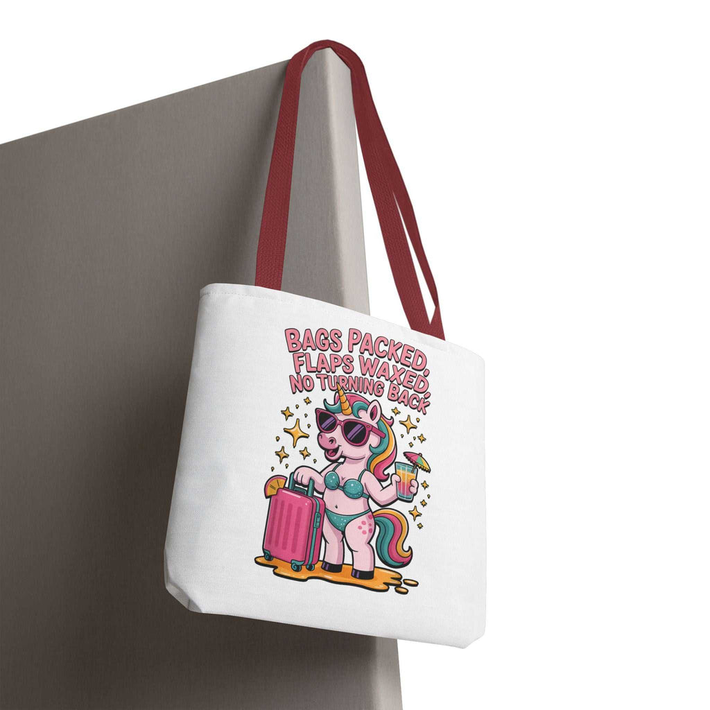 Fun unicorn travel tote bag with cheeky design and colorful handles, made of durable spun polyester