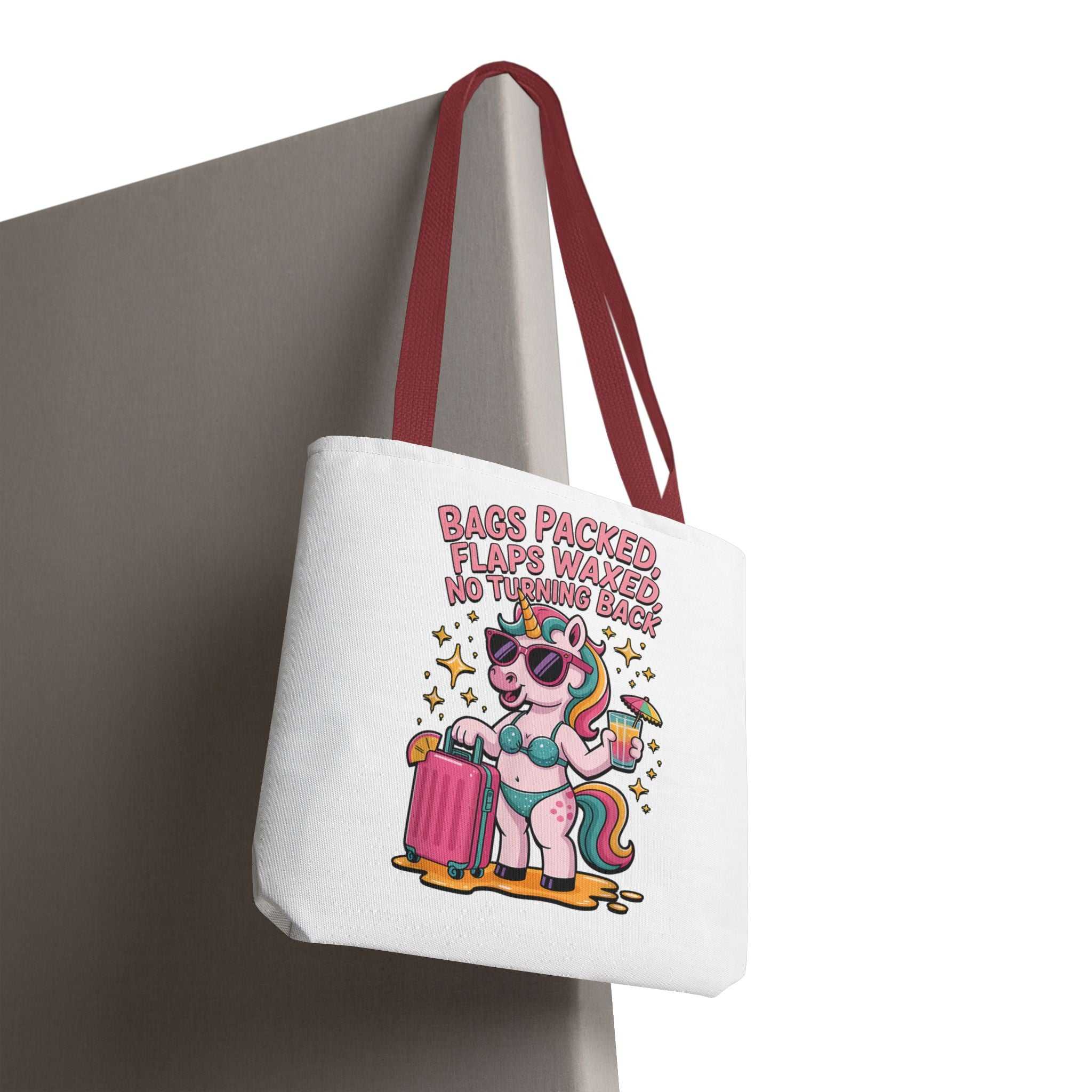 Fun unicorn travel tote bag with cheeky design and colorful handles, made of durable spun polyester
