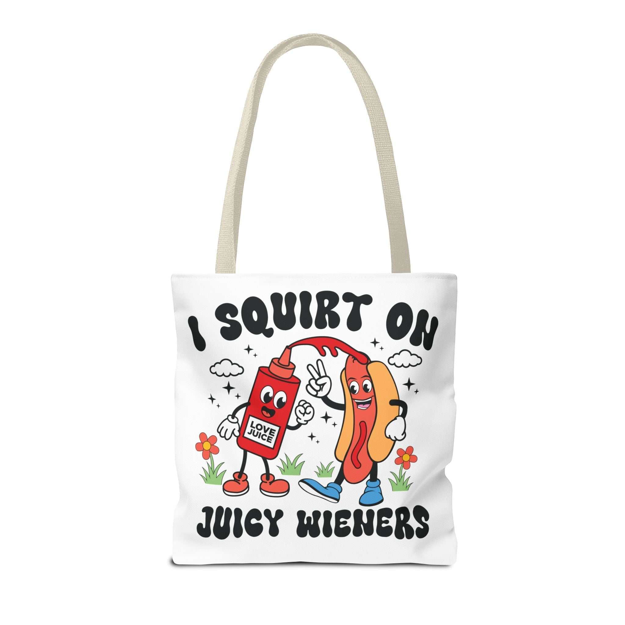 Cheeky Juicy Wieners Fun Tote Bag with hot dog print and durable fabric