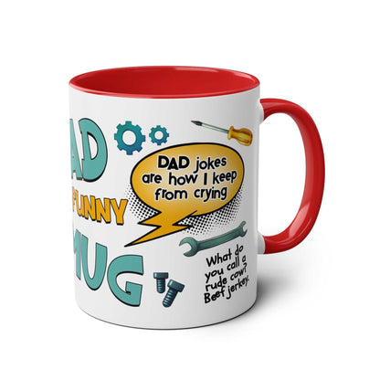 Fun Fathers Day Gift Mug with colorful dad jokes and red handle.