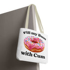 Cheeky provocative donut tote bag with durable spun polyester and multiple handle colors, available in three sizes