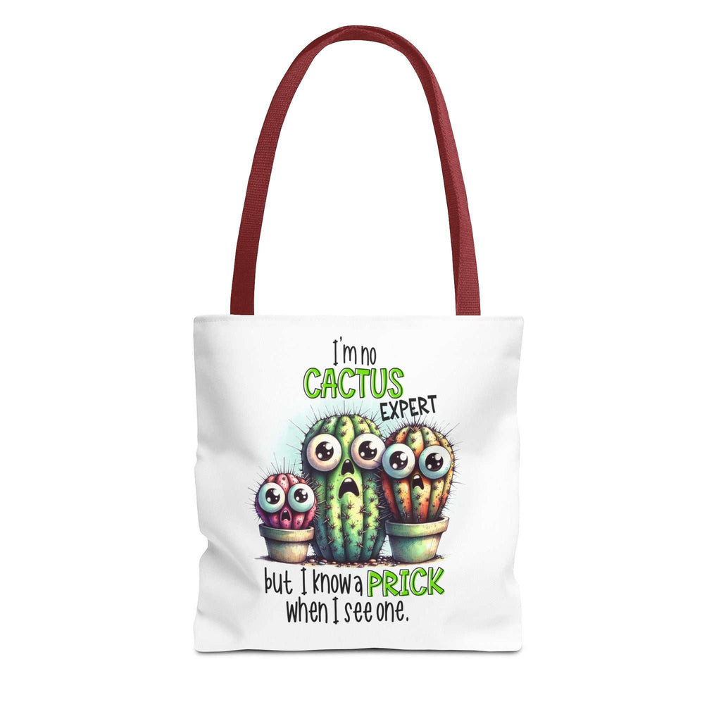 Fun cactus tote bag with cheeky print and colorful handles, available in three sizes, made of durable spun polyester.