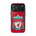 Liverpool FC MagSafe iPhone case with red color and official-inspired crest, dual-layer protection, MagSafe compatible, slim and durable design.
