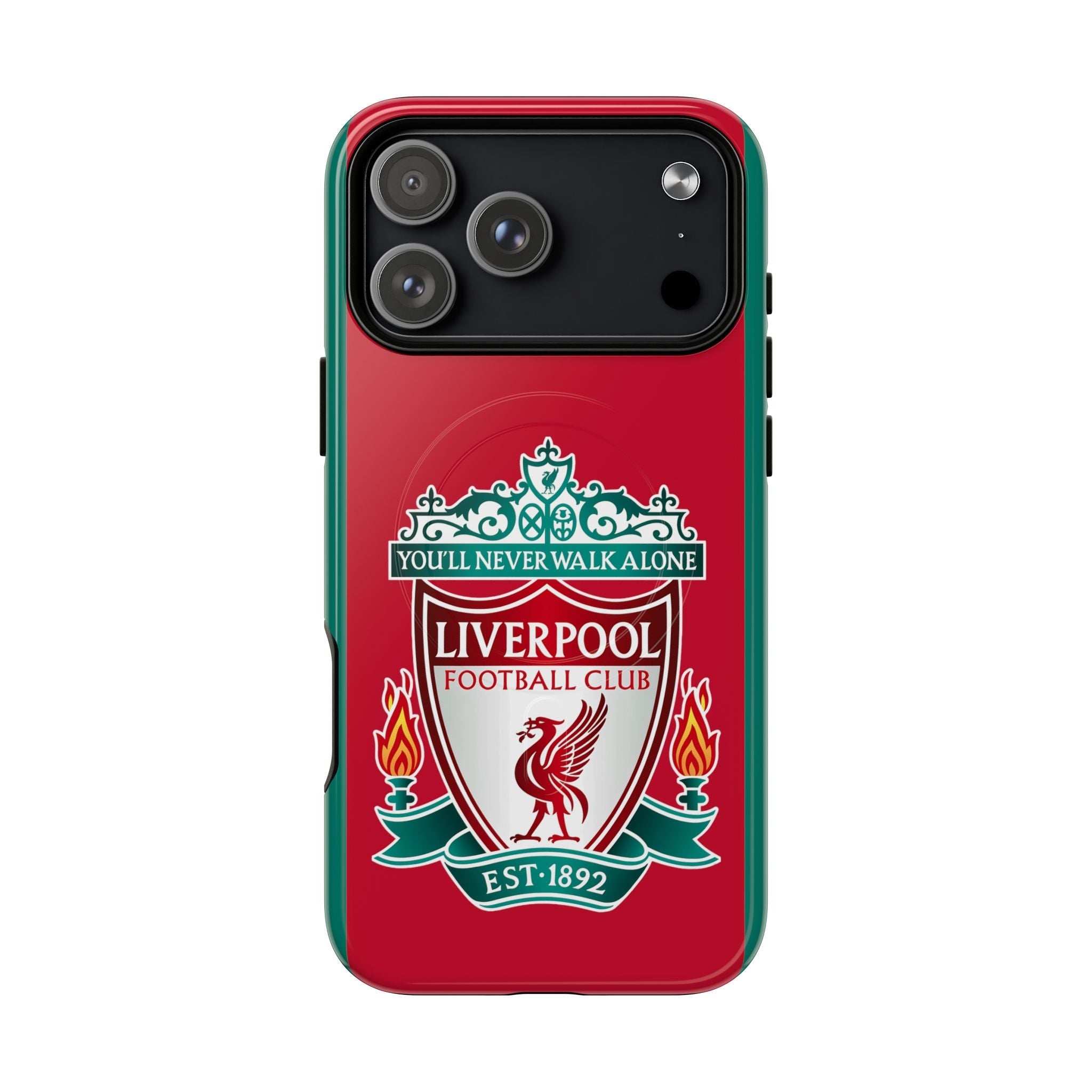 Liverpool FC MagSafe iPhone case with red color and official-inspired crest, dual-layer protection, MagSafe compatible, slim and durable design.