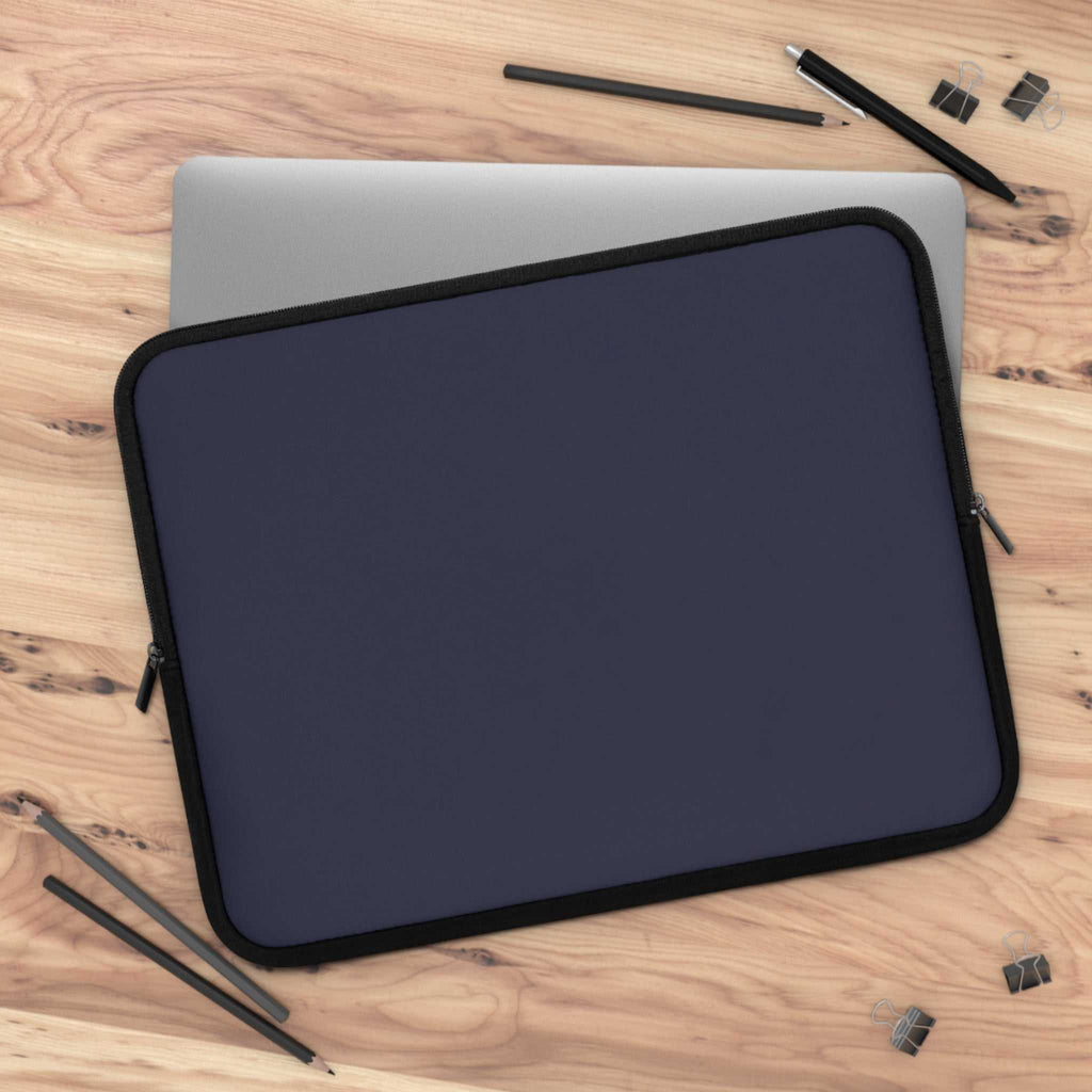 Deep Blue Laptop Sleeve neoprene protective cover with dual zipper on wooden desk