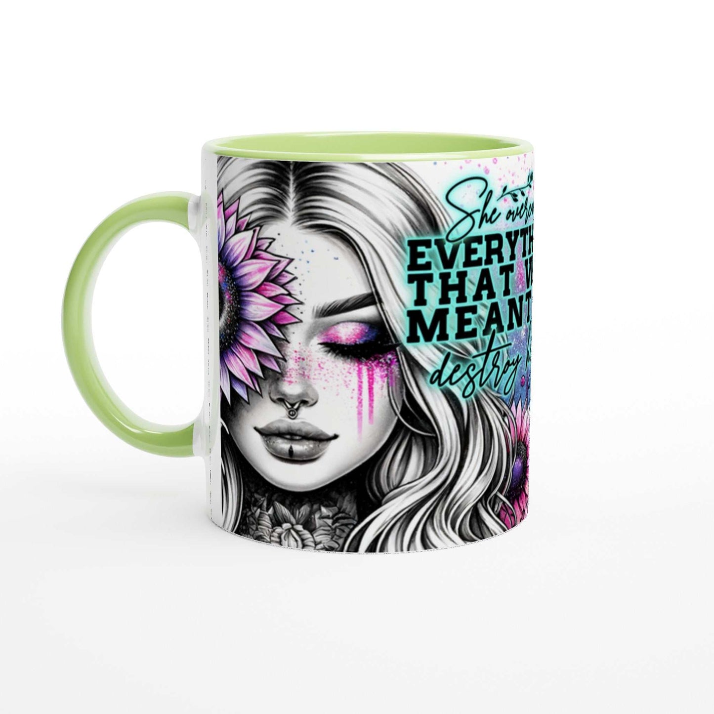 Motivational coffee mug with "She Overcame Everything" quote, vibrant design, ceramic, green accents.