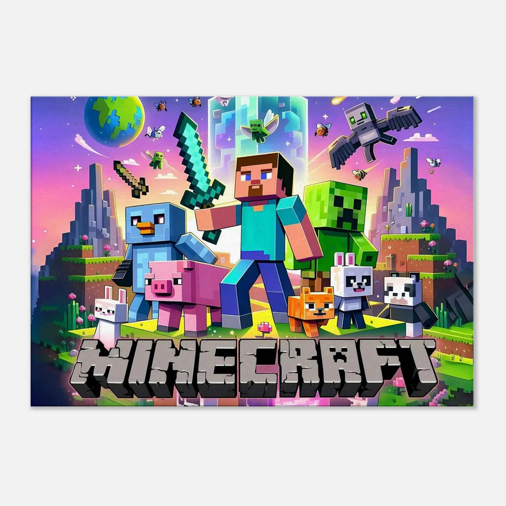 Vibrant Minecraft wall canvas featuring pixelated characters and scenes, perfect for fans.