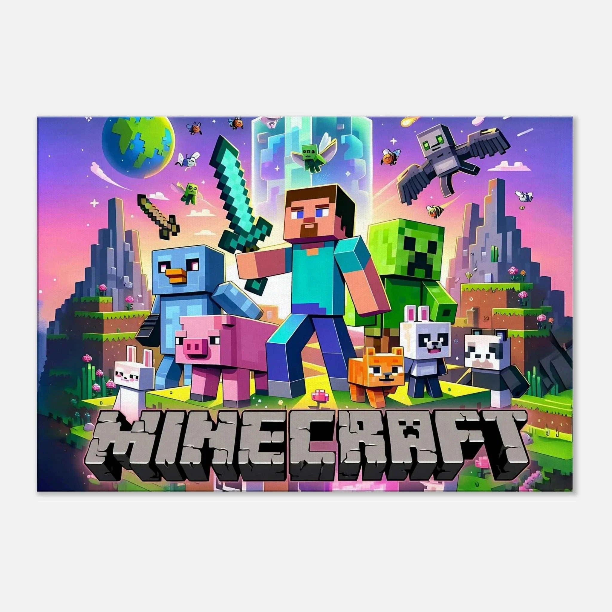 Vibrant Minecraft wall canvas featuring pixelated characters and scenes, perfect for fans.