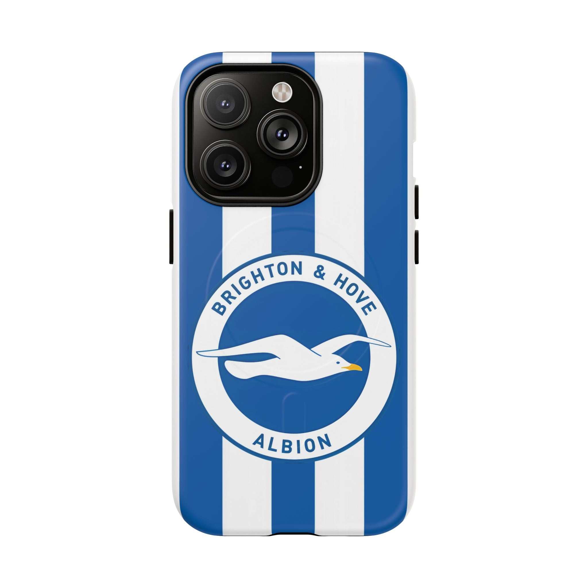 Brighton FC MagSafe iPhone case with blue and white stripes and seagull logo, dual-layer protective design, MagSafe compatible.