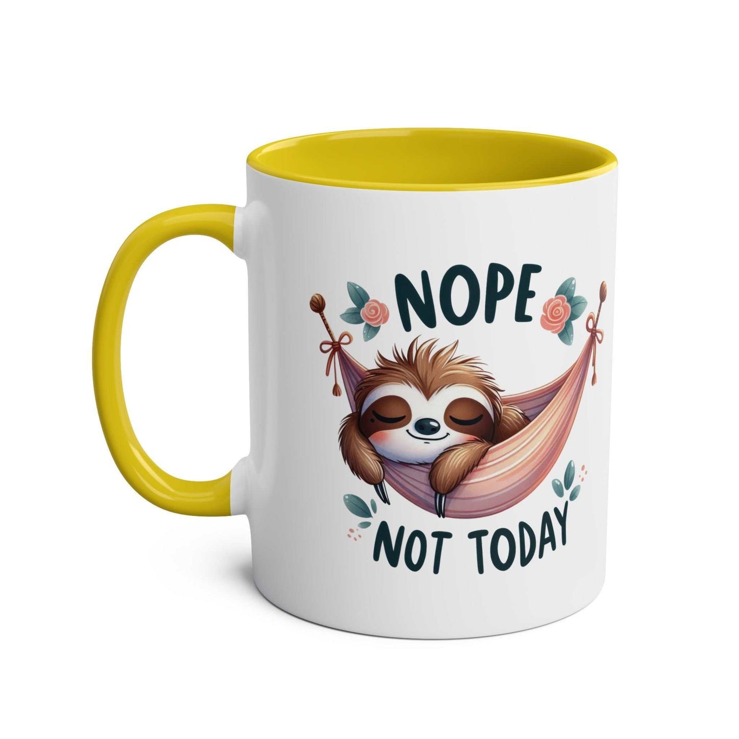 Cute sloth coffee mug with "Nope Not Today" text, yellow accent, whimsical design.