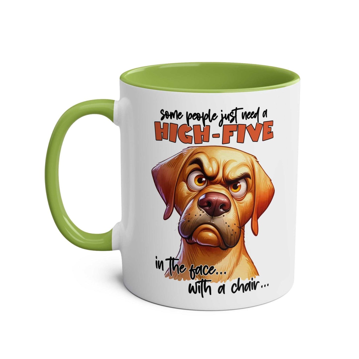 Snarky dog graphic on High Five Coffee Mug with green handle.