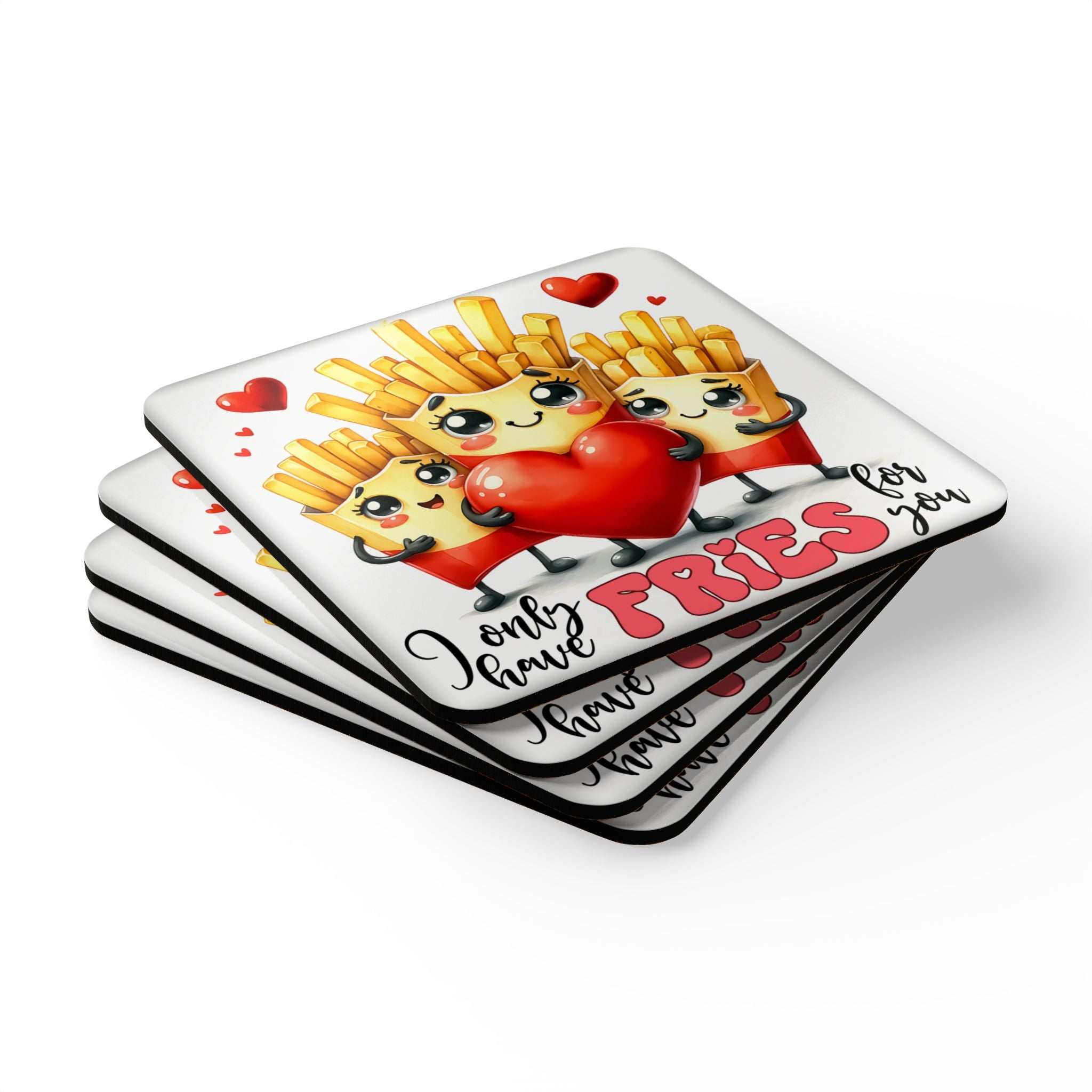 Only Have Fries For You Coaster Set with playful fry design, high-gloss MDF top, and cork back.