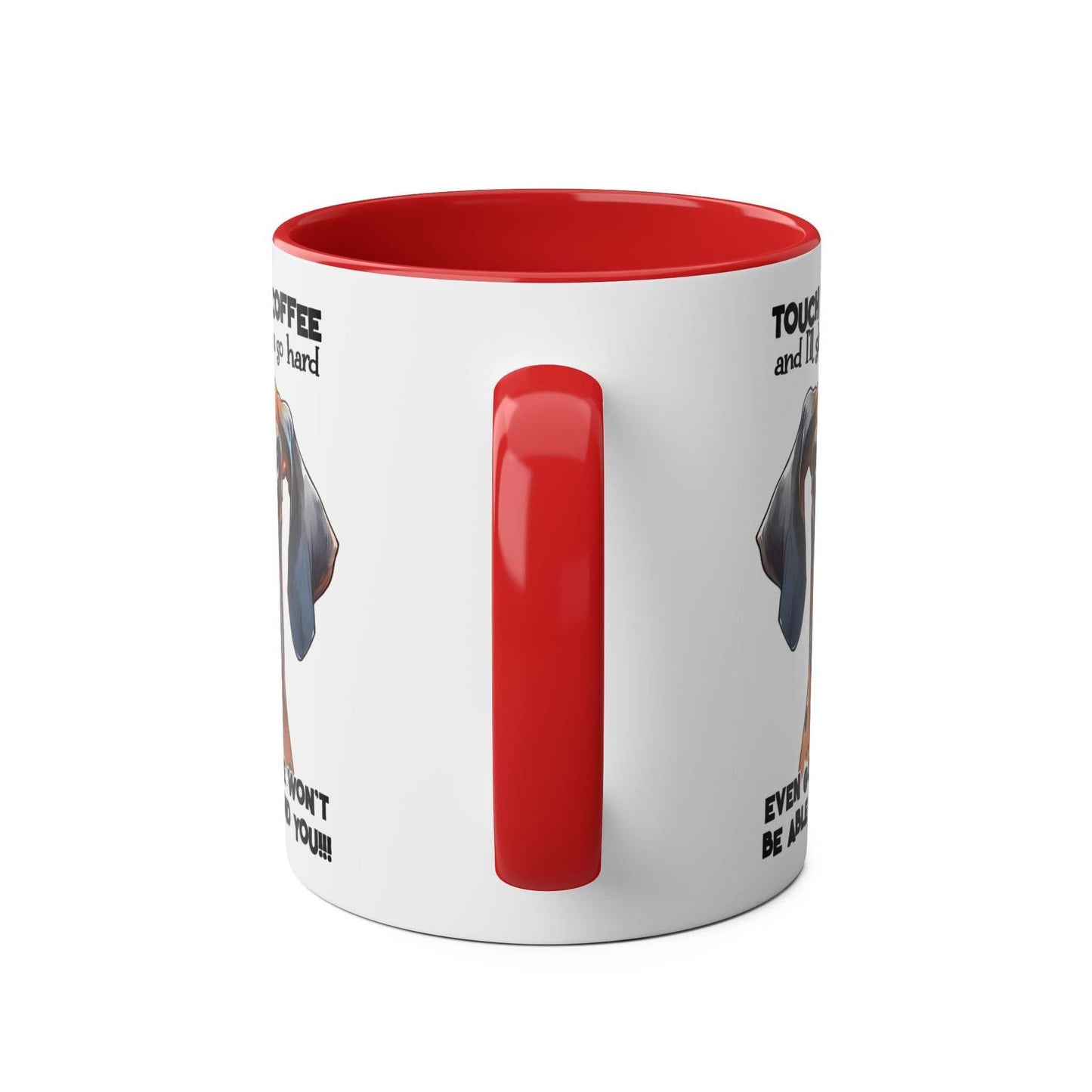 Dog-themed "Touch My Coffee Mug" with a red handle, sarky twist, glossy finish, 11oz ceramic, available in 7 colors, microwave and dishwasher safe.