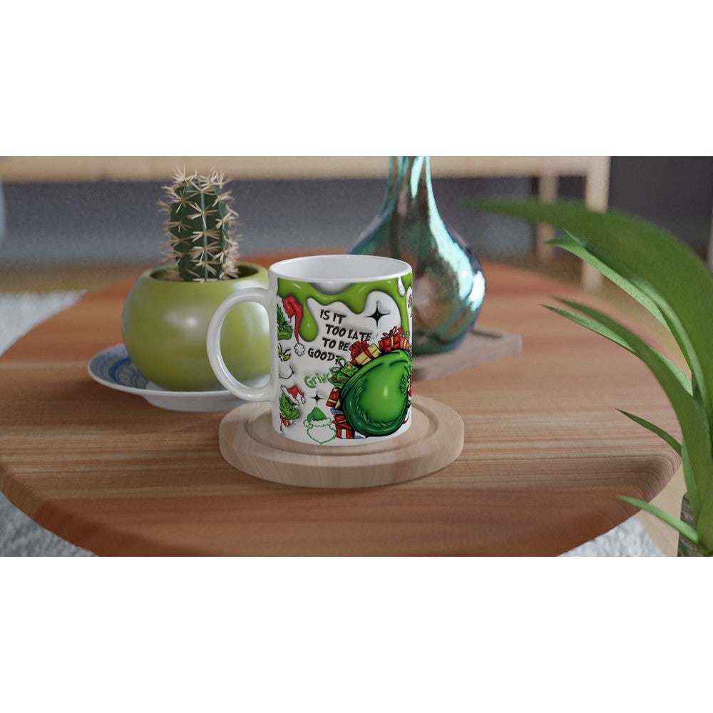 Fun Grinch Christmas Mug on a wooden table with festive decor.