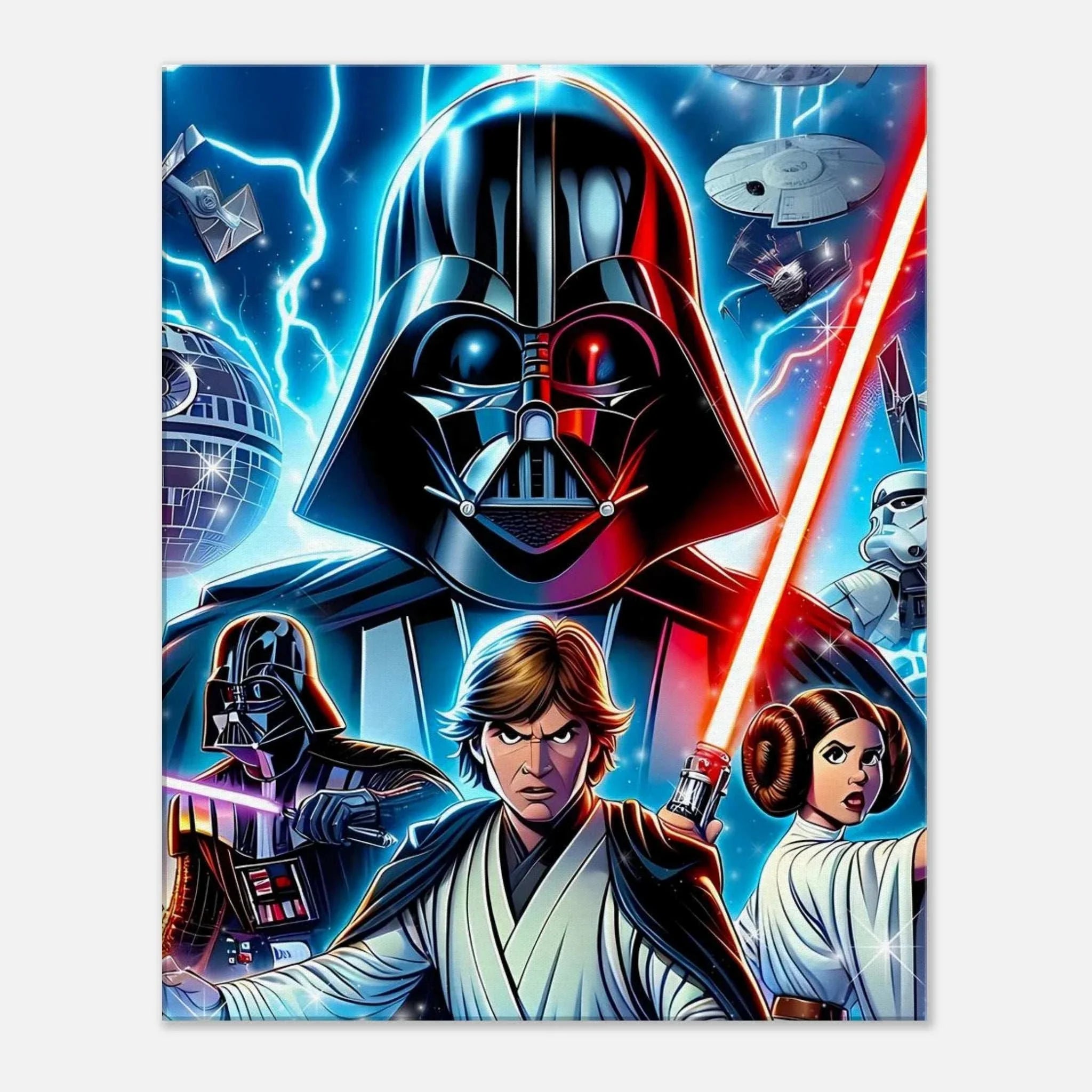 Star Wars wall canvas featuring Darth Vader, Luke Skywalker, and Princess Leia with vibrant colors and epic space battle scenes.
