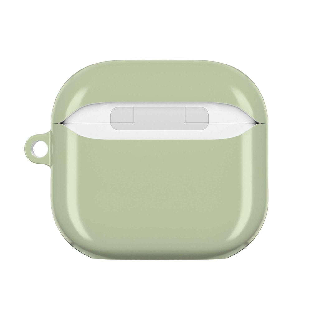 Sage green hard shell AirPods Protective Case with glossy finish and wireless charging compatibility