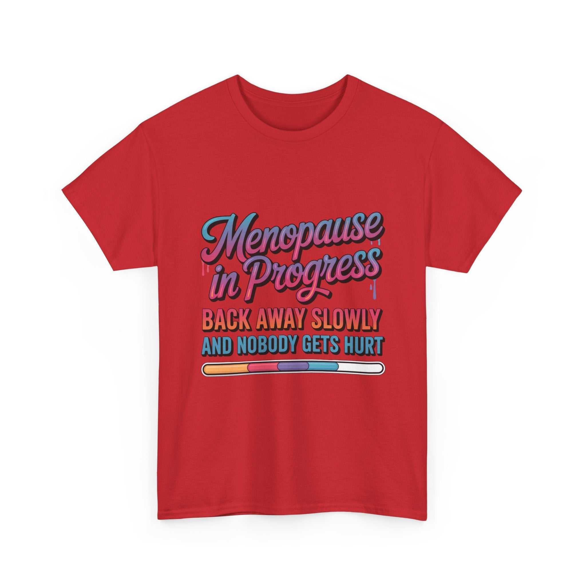 Women wearing a comfortable Menopause In Progress T-Shirt with humorous hot flashes warning design