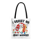 Cheeky Juicy Wieners Fun Tote Bag with hot dog print and durable cotton straps