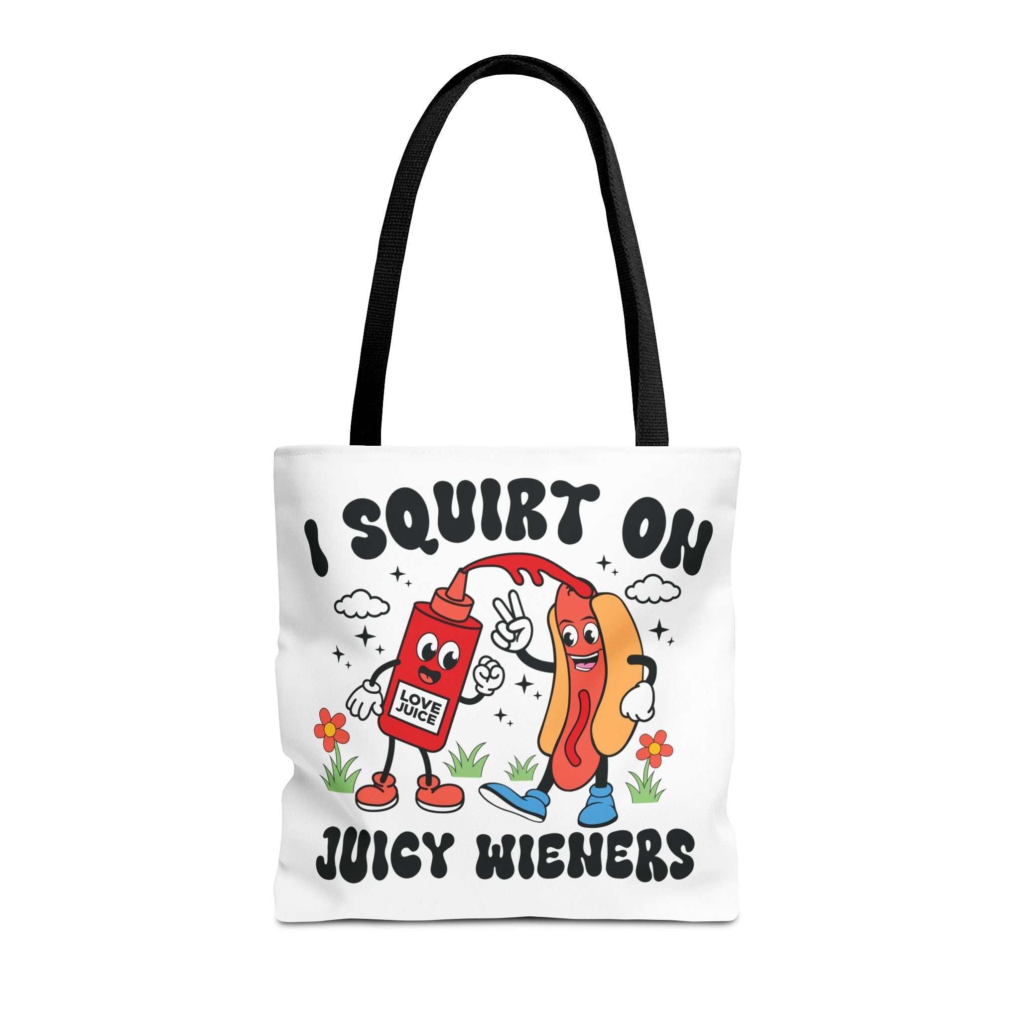 Juicy Wieners Fun Tote Bag with cheeky design and multiple handle color options
