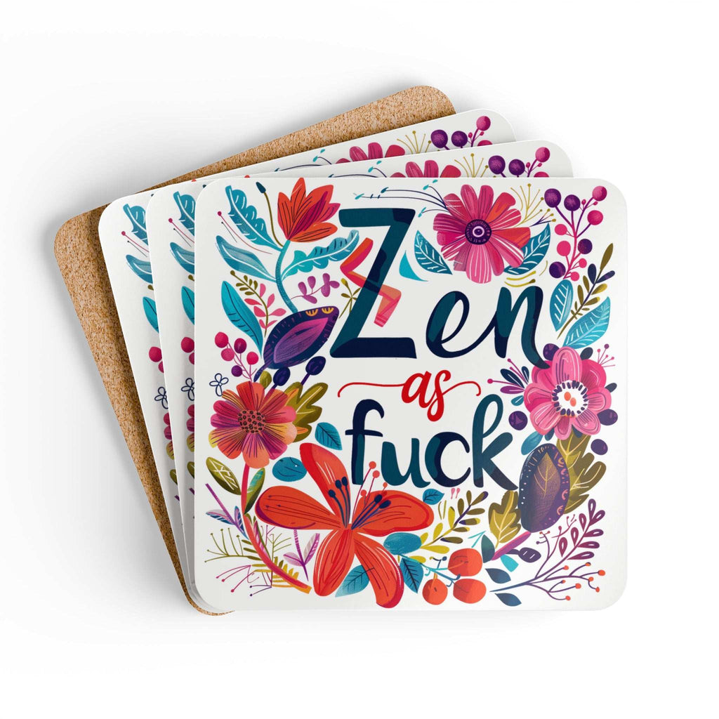 Colorful "Zen As Fuck" coaster set with floral design, high-gloss MDF top, and cork back.