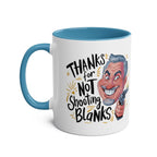 Fun Fathers Day Gift Mug with humorous design and blue handle, perfect for dads; dishwasher and microwave safe.