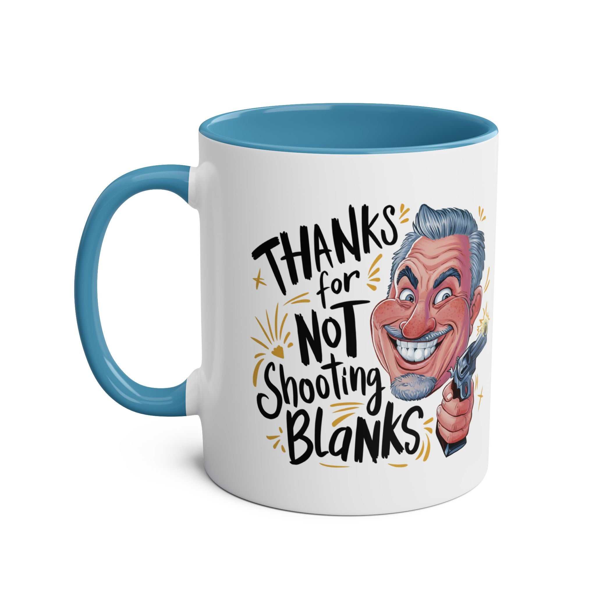 Fun Fathers Day Gift Mug with humorous design and blue handle, perfect for dads; dishwasher and microwave safe.