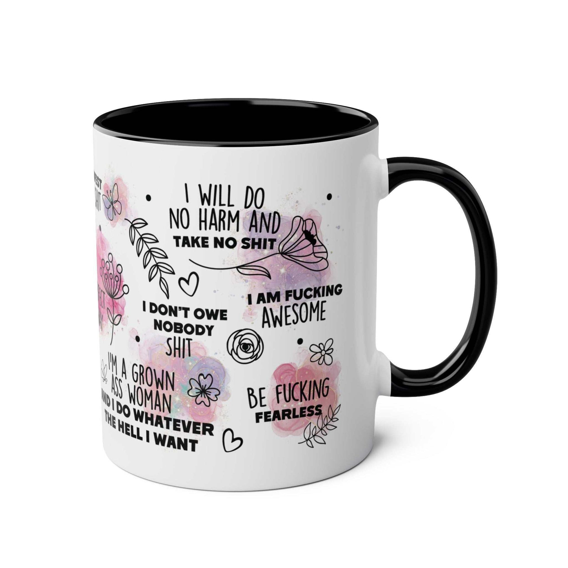 Sweary Quotes Coffee Mug with cheeky sayings, black handle, and rim; 11oz ceramic, glossy finish.