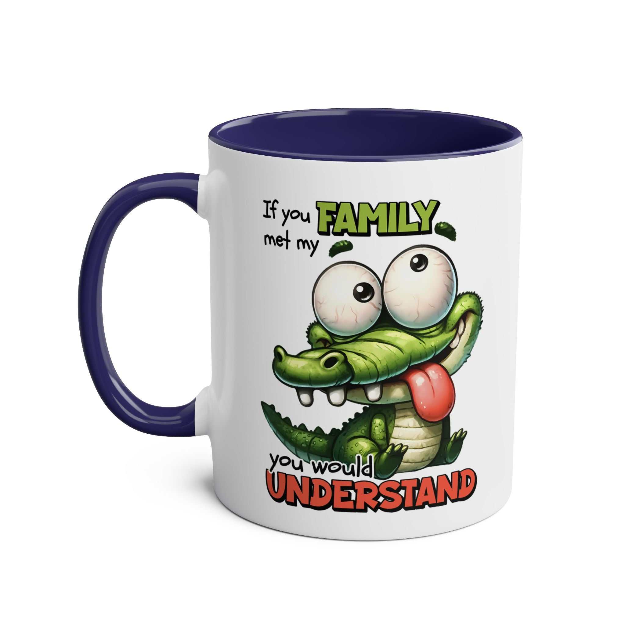 Family Coffee Mug with quirky crocodile design, available in 7 colors, sublimation printed, glossy finish, 11oz ceramic, microwave and dishwasher safe.