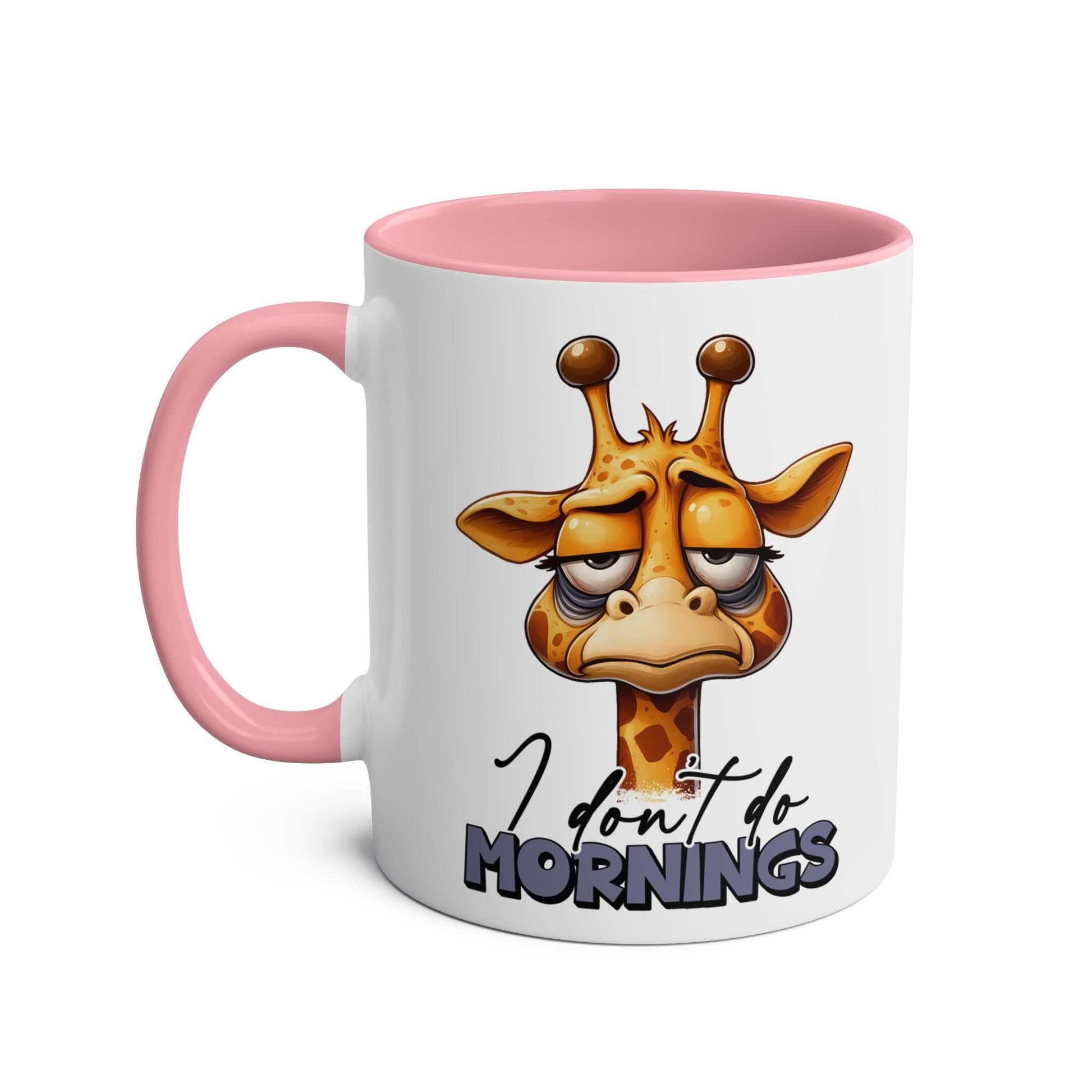 Dont Do Mornings Coffee Mug with playful giraffe design and pink handle.