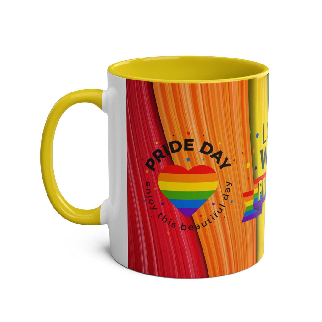 LGBTQ+ Pride Mug with vibrant rainbow design and yellow interior.