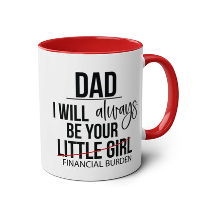 Fun Fathers Day Gift Mug with humorous text, red interior, perfect for dads.