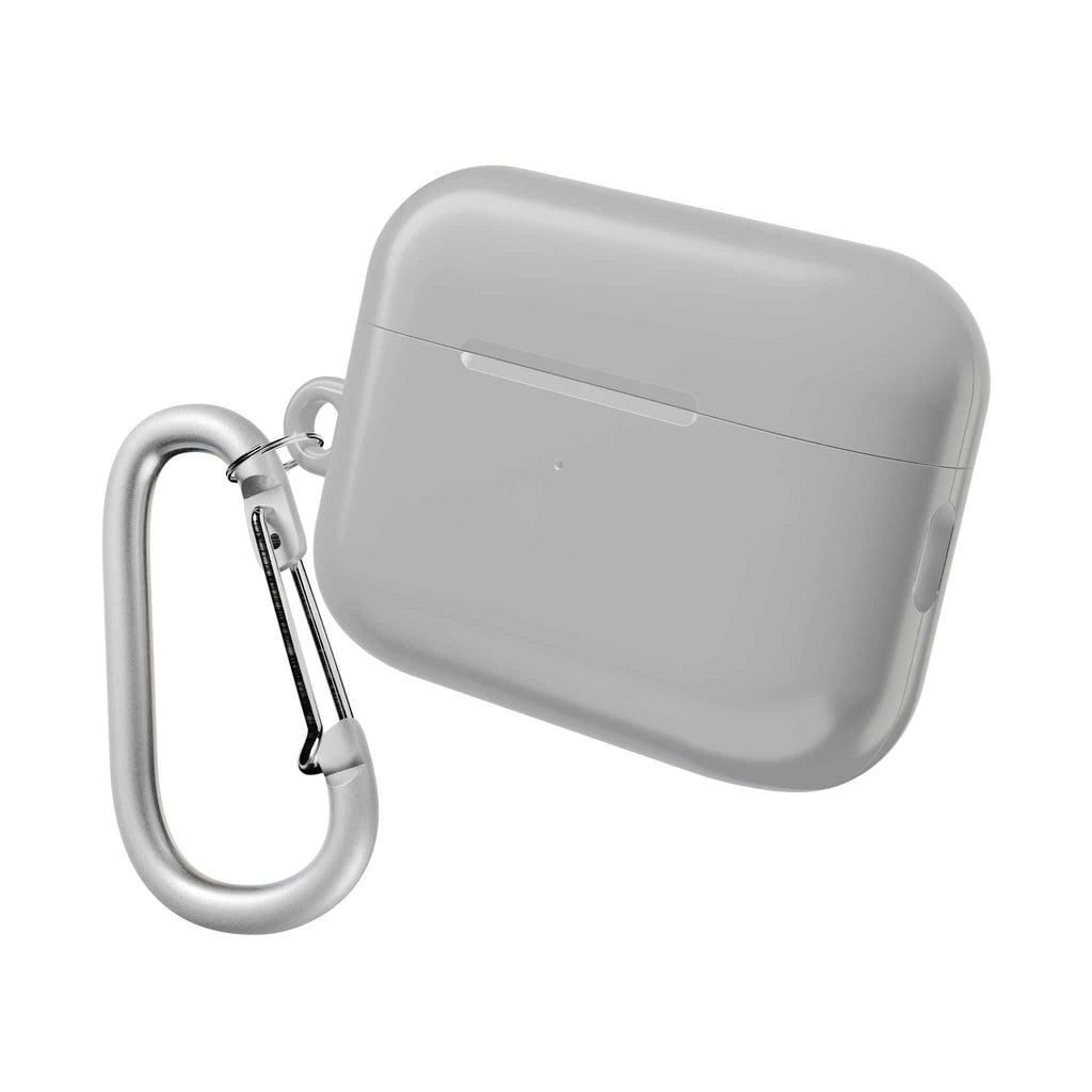 Silver AirPods Pro protective hard shell case with carabiner clip, durable and lightweight, scratch and bump resistant, wireless charging compatible