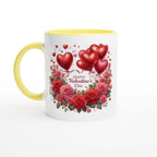 Beautiful Valentines Day Mug with heart and rose design, glossy white finish, yellow rim and handle.