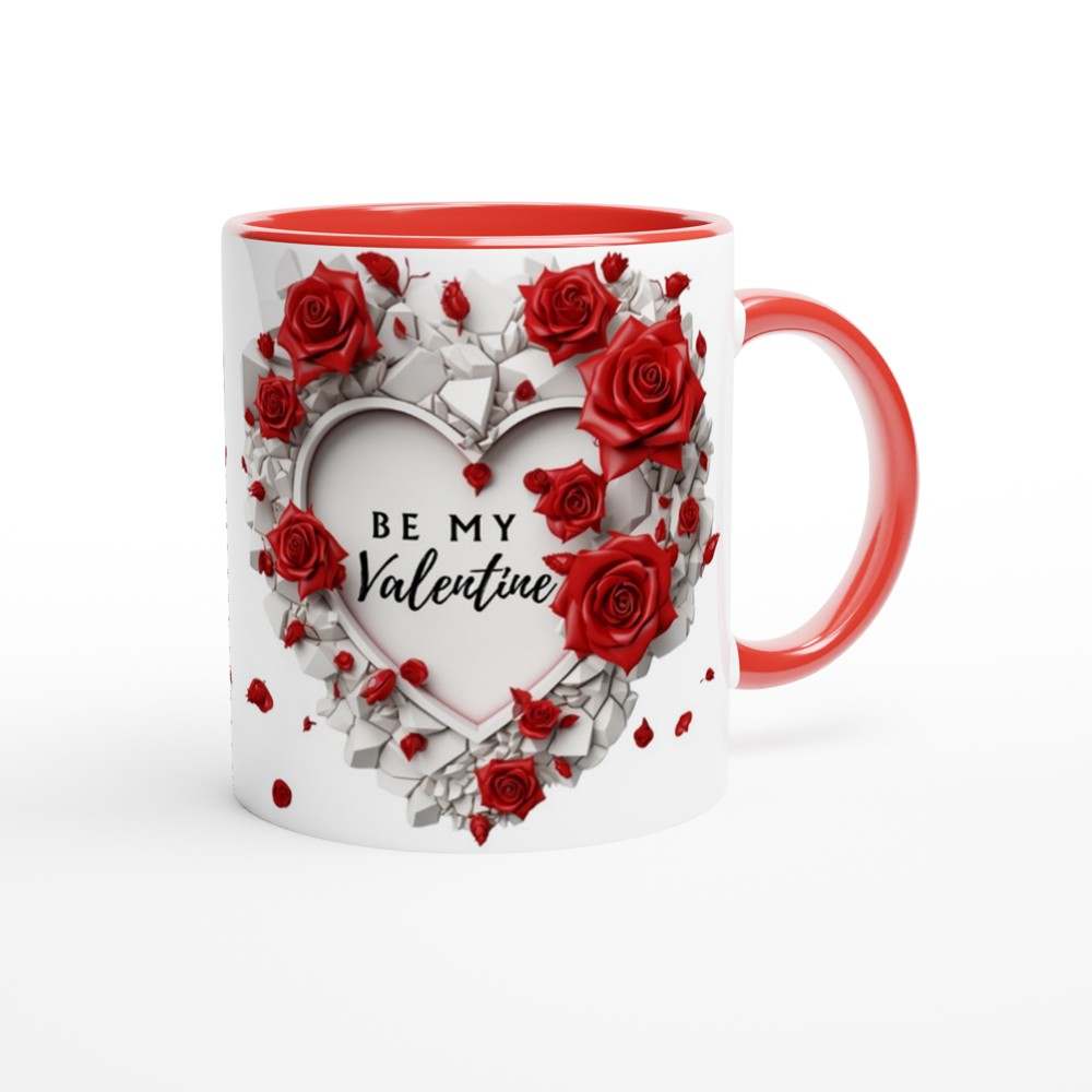 Stunning Valentine's Day mug with red roses design, ceramic, glossy white with colored rim and handle.