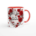 Stunning Valentine's Day mug with red roses design, ceramic, glossy white with colored rim and handle.