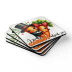 Carrot About You Coaster Set featuring quirky carrot design with high-gloss finish and cork back.