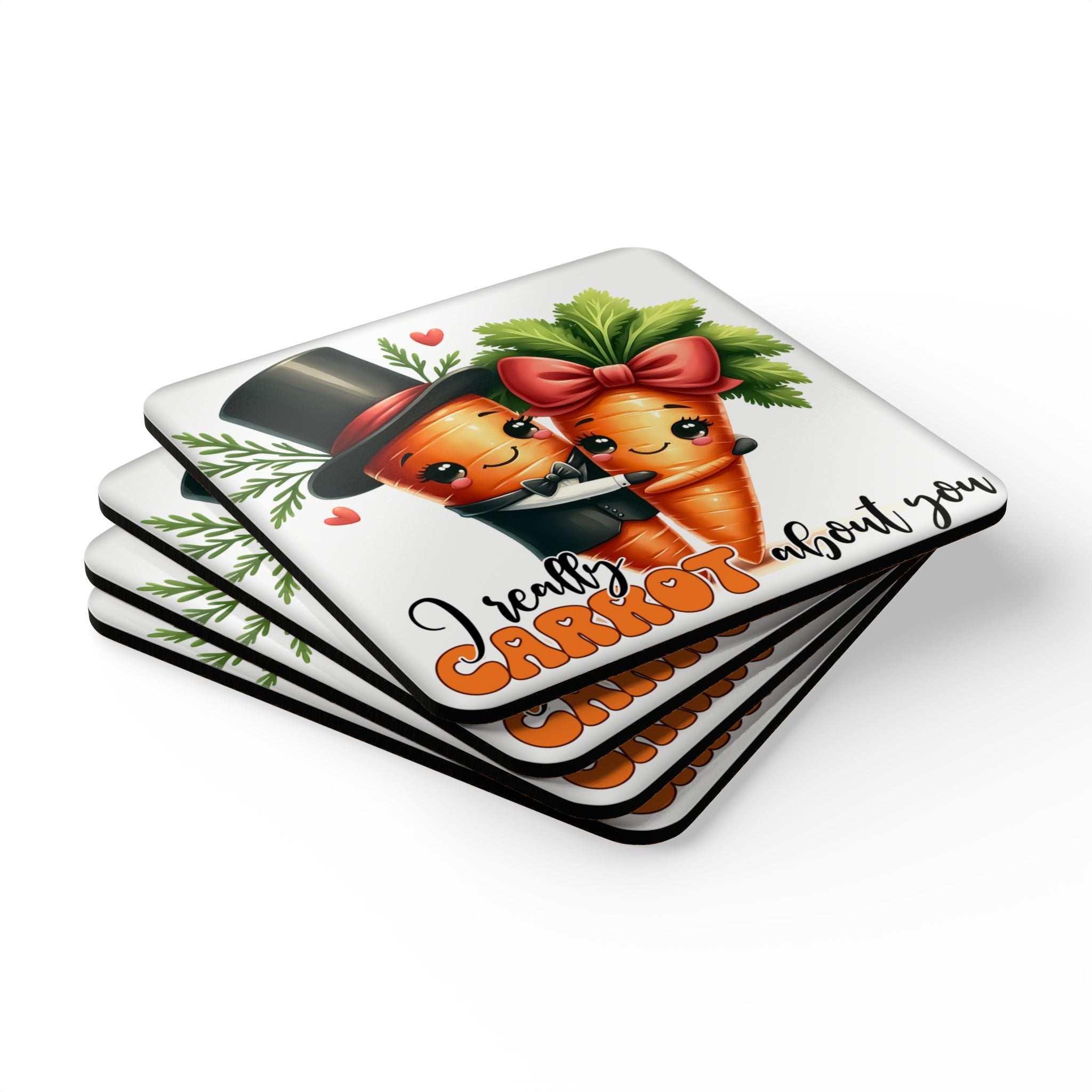 Carrot About You Coaster Set featuring quirky carrot design with high-gloss finish and cork back.