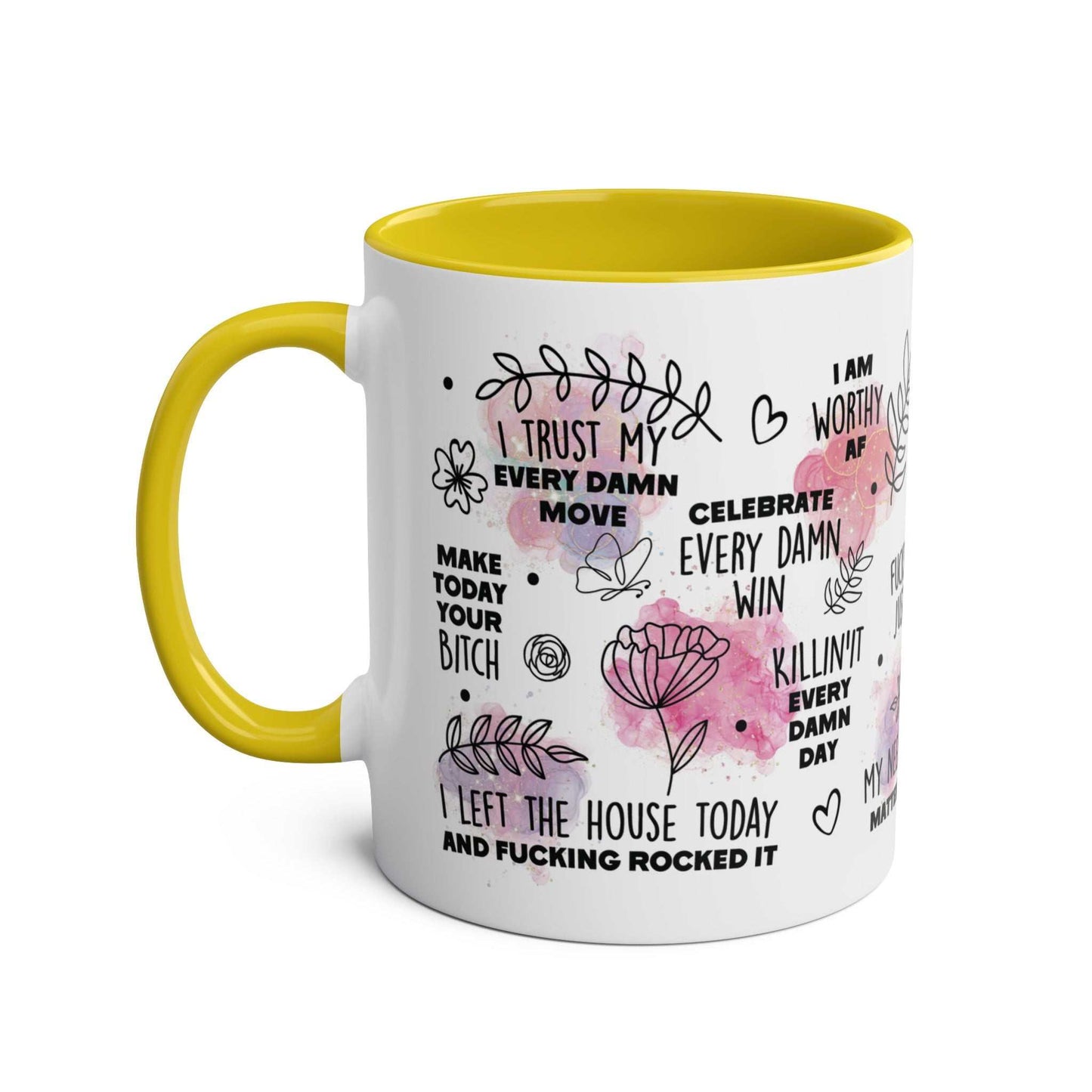 Sweary Quotes Coffee Mug with cheeky sayings and yellow handle, 11oz ceramic, glossy finish.