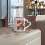Cute Valentines Day mug with heart-shaped handle, vibrant design, ceramic, 11oz, glossy finish.