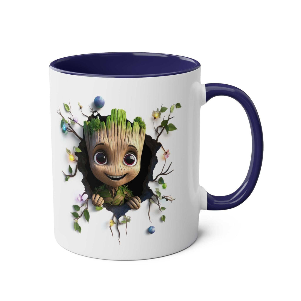 Baby Groot themed coffee mug with whimsical design, 11oz ceramic, glossy finish, available in 7 colors, microwave and dishwasher safe.