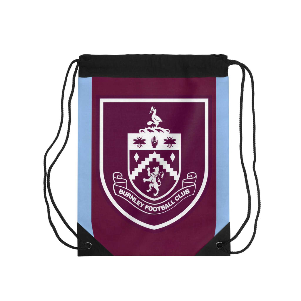 Burnley FC drawstring bag with claret and blue colors and club crest, lightweight polyester, spacious and durable for gym, school, or travel.