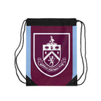 Burnley FC drawstring bag with claret and blue colors and club crest, lightweight polyester, spacious and durable for gym, school, or travel.