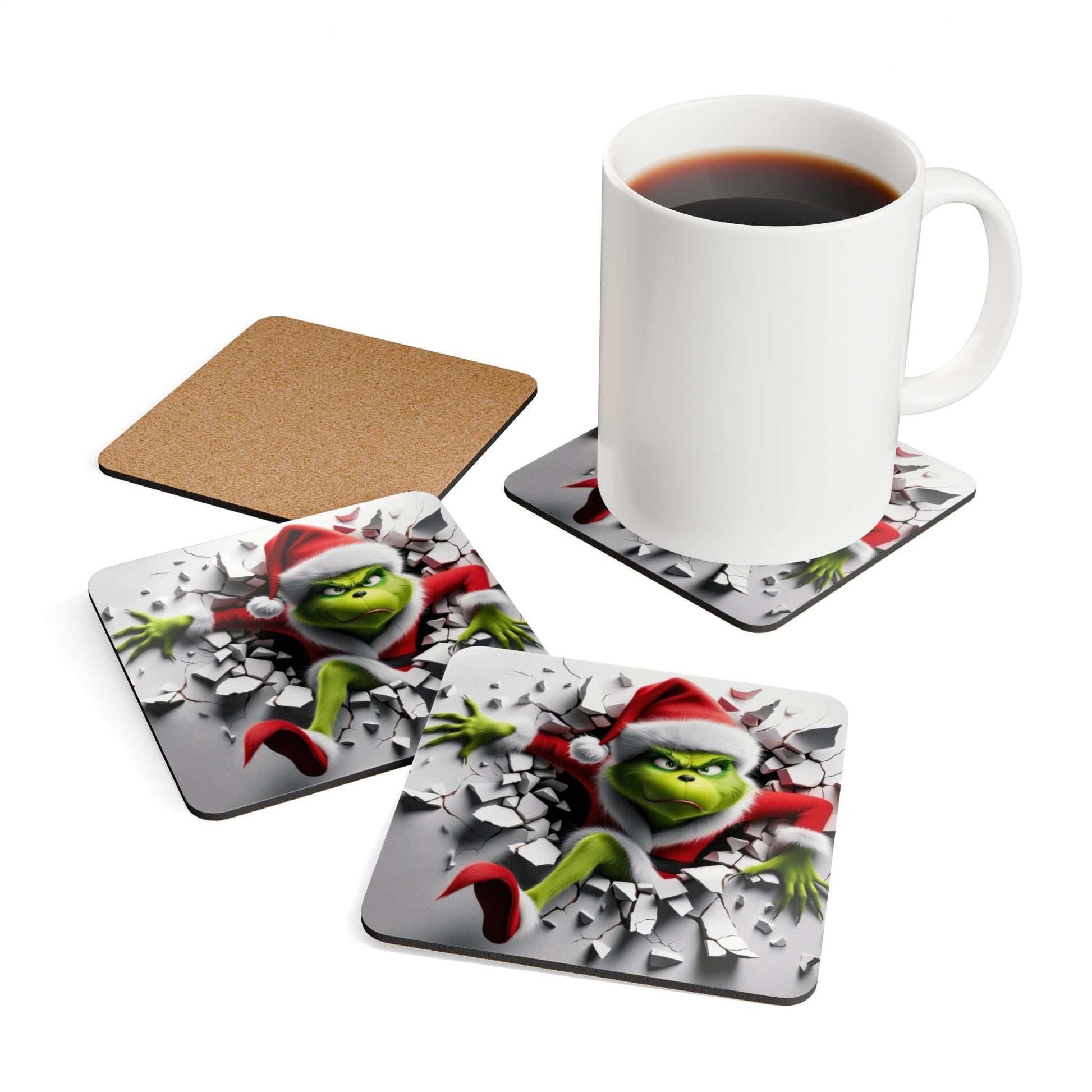 Grinch Hole In The Wall Coaster Set featuring iconic Grinch design, perfect for protecting furniture during the holiday season.