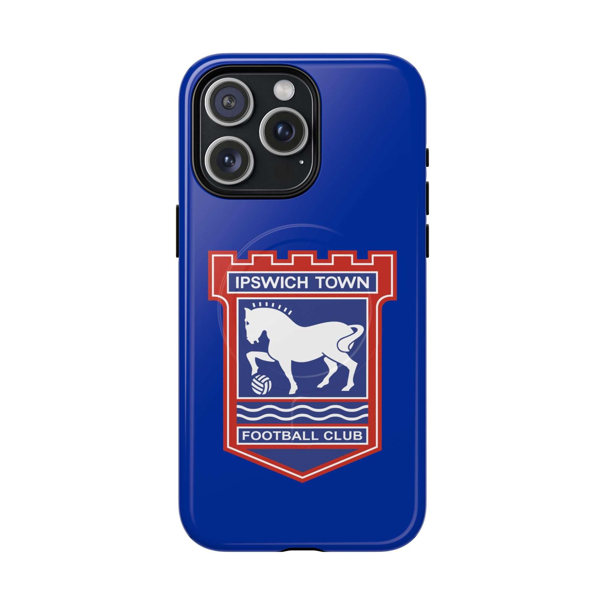 Ipswich Town MagSafe iPhone case with blue team crest, dual-layer protection, and MagSafe compatibility