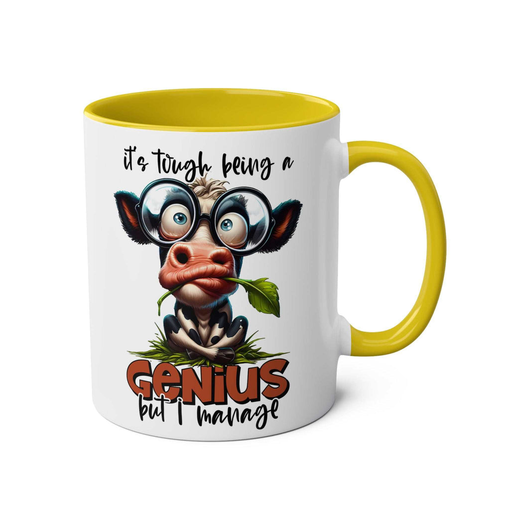 Funny Genius Coffee Mug with Animal Graphic Design, Yellow Handle, 11oz Ceramic, Microwave & Dishwasher Safe.