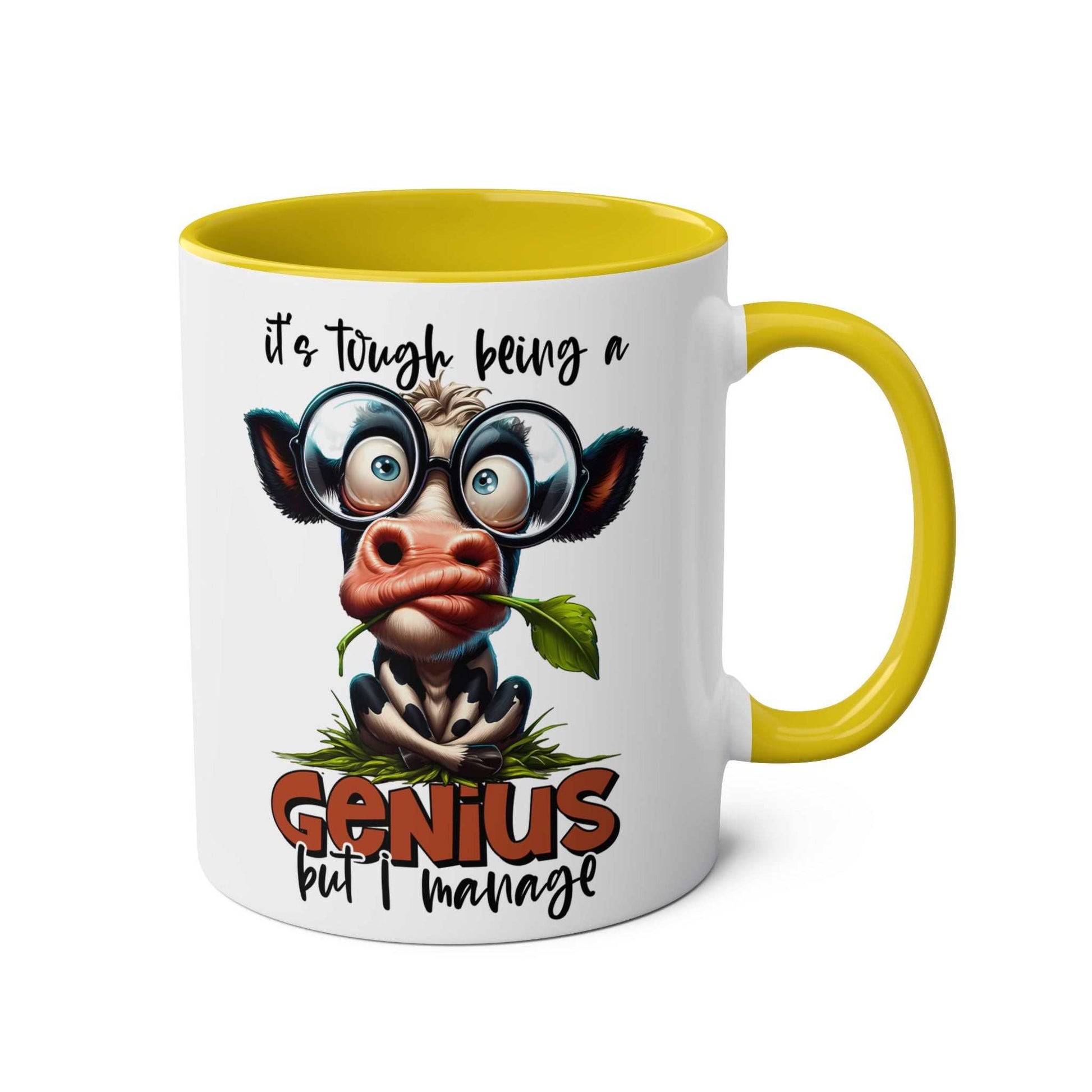 Funny Genius Coffee Mug with Animal Graphic Design, Yellow Handle, 11oz Ceramic, Microwave & Dishwasher Safe.