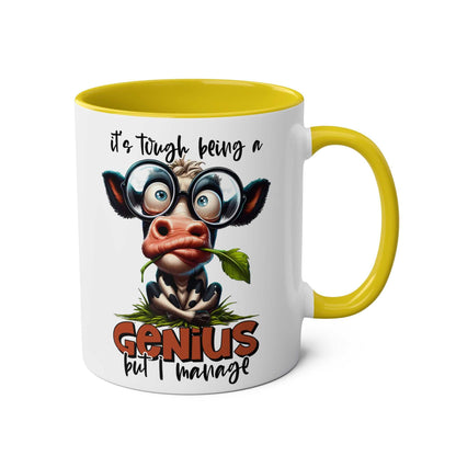 Funny Genius Coffee Mug with Animal Graphic Design, Yellow Handle, 11oz Ceramic, Microwave & Dishwasher Safe.